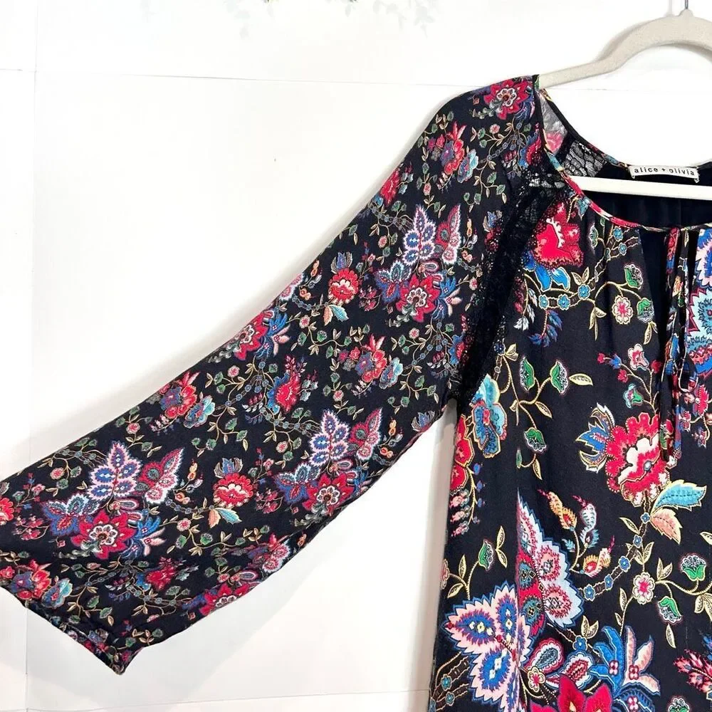 Alice + Olivia Lakita Tunic Dress Small Black Floral Long Sleeve Tiered Lace Boh - Picture 6 of 16